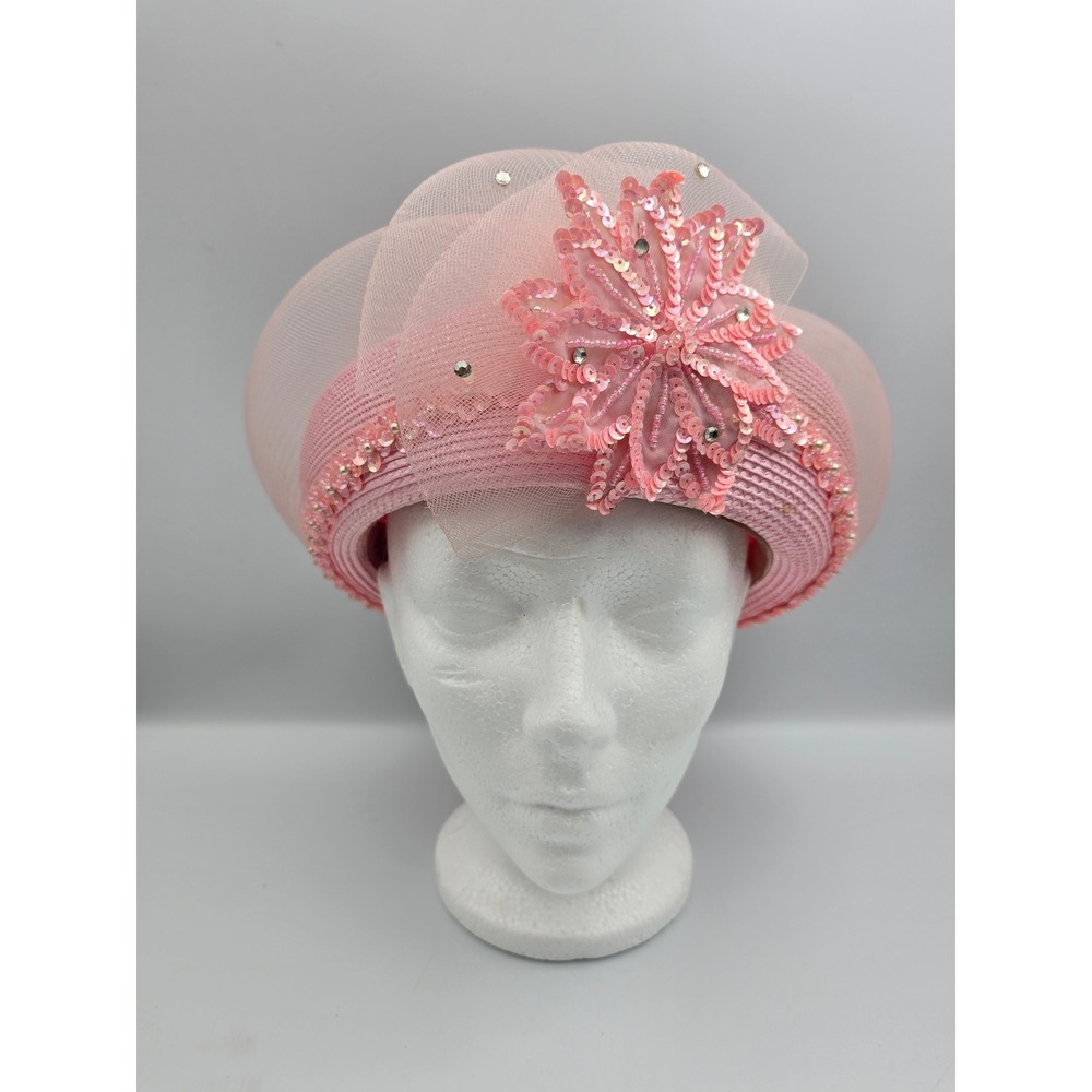 Mr Hi's Classic Pillbox Hat Womens OS Pink Good Sequin Lace Floral Church Derby